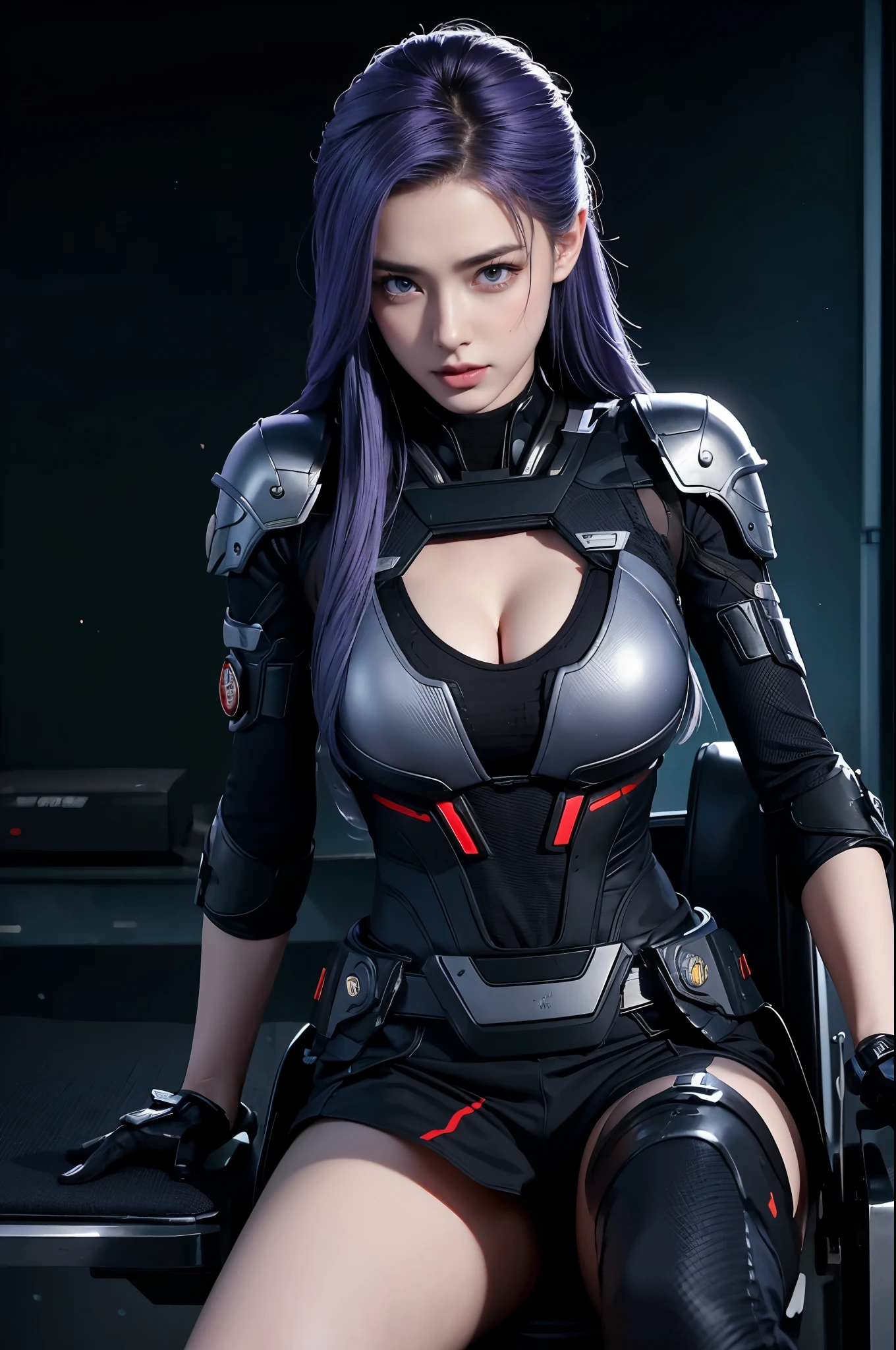A young woman without breasts is enjoying relaxing time on a chair, 1 girl in, , breasts, nude, long hair, alone, Seating , Cross legs crossed , blue eyes, barefoot, Watch the audience, Open Mouth, purple hair, chair , tmasterpiece,Best Quality,image,8k,((image like)),(Close-up of the head), original photo , real photos, digital photo ,( นักสู้Special Forcesหญิงสไตล์ Cyberpunk),(Special Forces), 20-Year-Old Girl , hairstyles,By the shills,The amount of hair is amazing,Red-eyed hair),Big breasts,Cleavage, accessories ,Lips apart, makes your mouth calm and attractive , calm and handsome ,(Special Forces Clothing,Combat suit,Joint Armor,black),Pose for a photo,Cyberpunk figure,Sci-fi style ,Texture rendering display