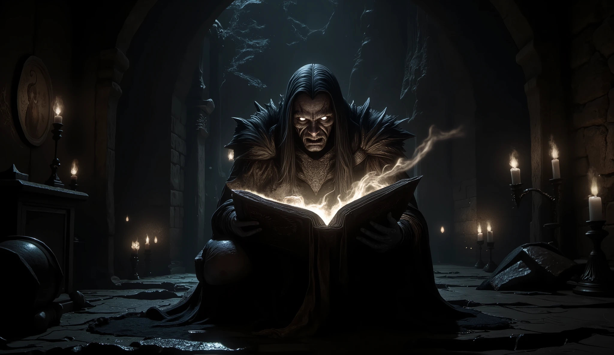 A dark necromancer reading from an ancient, tattered grimoire in a dimly lit dungeon, hyper-realistic, photorealistic 8K digital painting, cinematic lighting, eerie glowing eyes casting unsettling reflections on twisted face, intense expression of obsession and dark power, stone walls shrouded in shadows, faint arcane symbols etched into floors and ceilings, thick air of black magic and ancient horror, dark tattered robes flowing like shadows, atmosphere crackling with dark energy --ar 16:9 --s 150 --no text