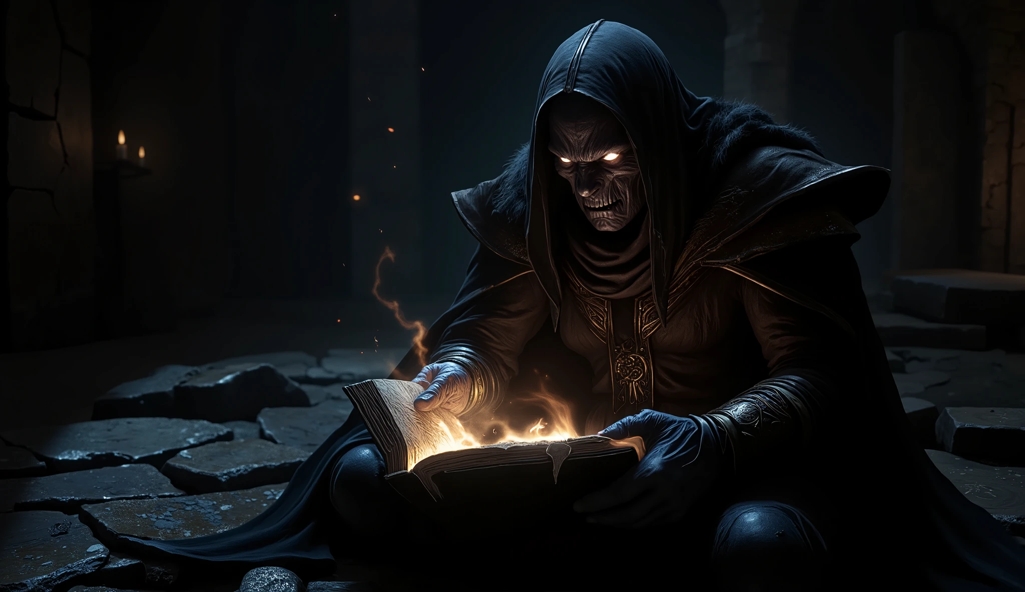 A dark necromancer reading from an ancient, tattered grimoire in a dimly lit dungeon, hyper-realistic, photorealistic 8K digital painting, cinematic lighting, eerie glowing eyes casting unsettling reflections on twisted face, intense expression of obsession and dark power, stone walls shrouded in shadows, faint arcane symbols etched into floors and ceilings, thick air of black magic and ancient horror, dark tattered robes flowing like shadows, atmosphere crackling with dark energy --ar 16:9 --s 150 --no text