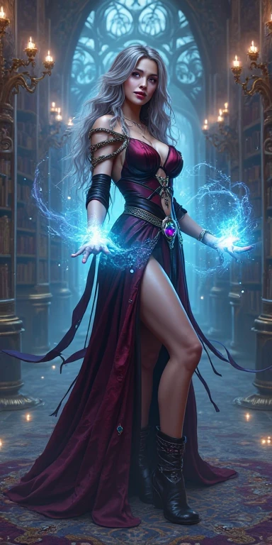 a sorceress casting a AlchemyPunkAI spell in magical library exquisite beautiful human woman ((full body shot: 1.5)), ((anatomically correct: 1.5)) (ultra detailed face: 1.2), dynamic skin complexion, dynamic hair style, dynamic hair color,  she is wearing a long dark dress, intricate dark dress, small cleavage, long white cloak, (high heeled boots: 1.3) fantasy magical laboratory, books, potions, and magical study items,  background,  vibrant, Ultra-high resolution, High Contrast, (masterpiece:1.5), highest quality, Best aesthetics), best details, best quality, highres, 16k, [ultra detailed], masterpiece, best quality, (extremely detailed) RAW,fantasy art, dnd art, fantasy art, realistic art,  (ultra details, Masterpiece, best quality), AlchemyPunkAI, Cinematic Hollywood Film, Intense gaze