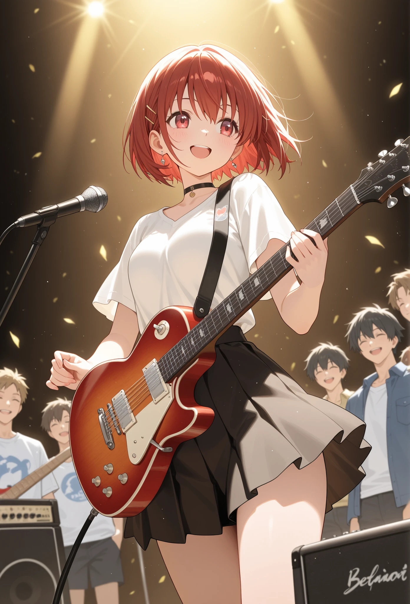 girl,play Japanese drums,on stage,Festival Venue,The costume is a white sleeveless T-shirt..,Blue shorts,hachimaki,The stage is red and white striped,audience,Thighs,,Summer day,Outdoor Stage,stand,Hold the hem with your hand,Peeing,Peeing,Seen by everyone,Emphasis on embarrassment,Spilling water from the crotch、blush