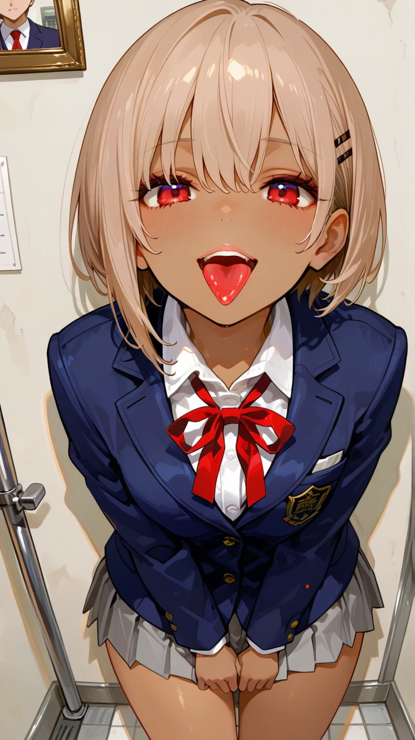 one girl, naive, school blazer, necktie, short hair, small breasts, girl focus, beauty, cat ears, erotic face, open mouth, foggy, drowsy, hypnosis, erotic upperbody, stare at me, bedroom, unconsciousness, open mouth, erotic mouth, fellatio gesture, nsfw, nsfw, plaid skirt