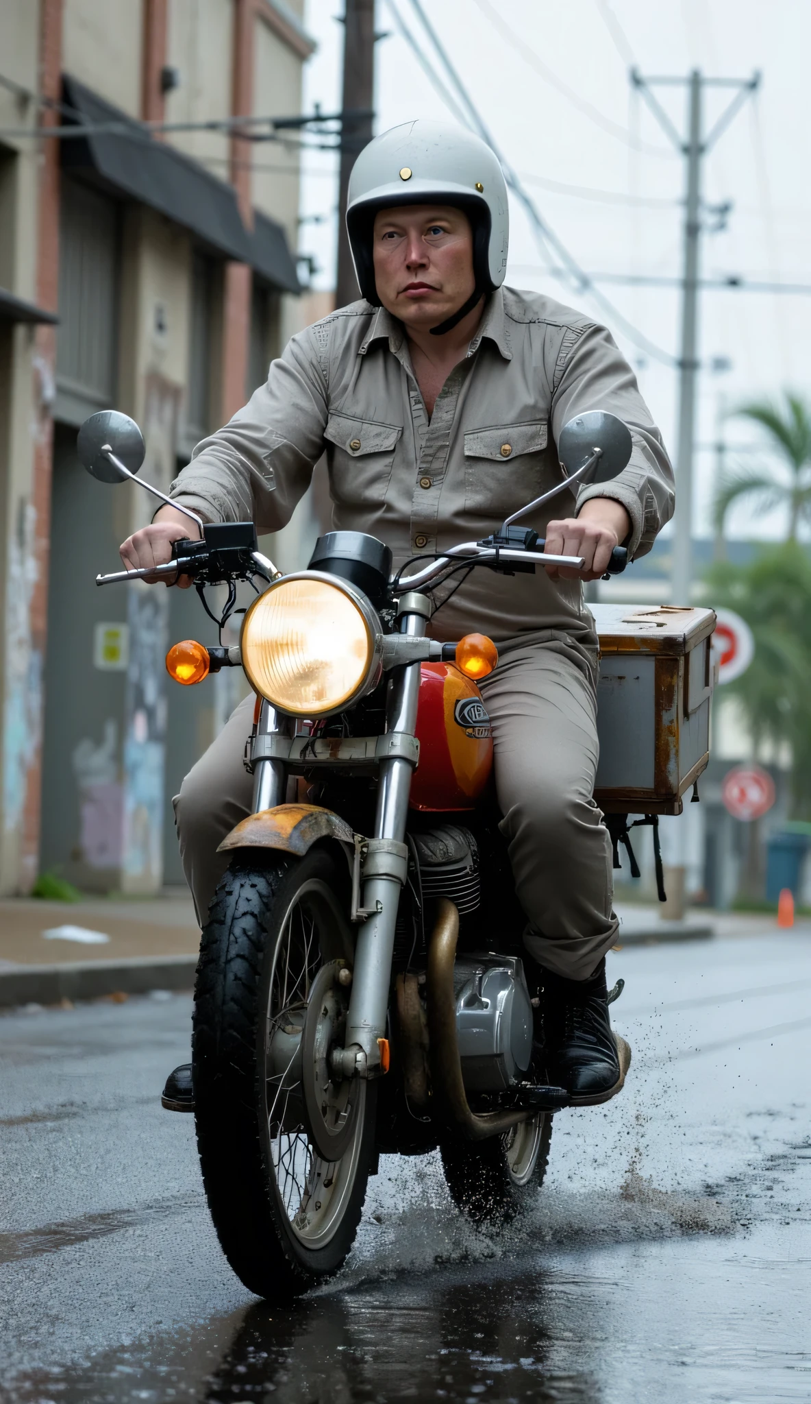 Elon Musk as a food delivery worker, wearing a single-layer mottled ash gray cotton jumpsuit with frayed cuffs, torn knee patches, and a mud-stained hem. The full-length front zipper is replaced by five large brass buttons—top two undone to expose his weathered neck and collarbones. Paired with matching light gray canvas pants rolled at the ankles to reveal heavily worn black leather boots caked in dried mud. A cracked, unmarked white plastic helmet sits securely on his head, featuring deep scratches and sun-faded yellowing.
Riding a 1985 Honda CBX550F motorcycle down a rain-slicked urban street in 2025, captured in a mid-close three-quarter angle shot. The motorcycle's weathered silver-gray engine cowling and rear fender glint under overcast skies, with oxidized paint peeling to reveal underlying primer. The idling engine emits a faint puff of smoke from rusted exhaust pipes, while the mismatched red/orange fuel tank and side panels show heavy sun fading.
Key details:
Posture: Leaning into a slight turn, right knee slightly raised, hands gripping handlebars with grease-stained fingers
Movement: Front tire carving through a shallow puddle, rear tire kicking up misty spray
Delivery box: Aluminum container welded to the rear, lid secured with bungee cords, showing dents and rust perforations
The urban environment includes:
Graffiti-covered concrete buildings with broken windows
A faded "NO PARKING" sign leaning at a 45-degree angle
Distant skyscrapers partially obscured by mist
Hyper-detailed photorealism, 85mm lens, natural diffused lighting with soft shadows from overhead power lines, --ar 9:16 --v 5 --style expressive