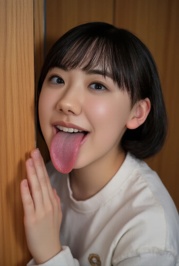 (highest quality、Tabletop、8k、Best image quality、Award-winning works)、1. pretty girl、(A fluffy and elegant white V-neck cardigan:1.1)、(An elegant cardigan with a very smooth and high-quality texture...:1.1)、Perfect girl portrait photo、Glowing Skin、Brown Hair、(Cleavage:1.1)、Standing Elegantly、(Face close-up:1.1)、(Open your mouth and stick out your tongue:1.3)、(Perfect beautiful tongue:1.2)、Cute Smile、(The simplest beige background:1.1)
