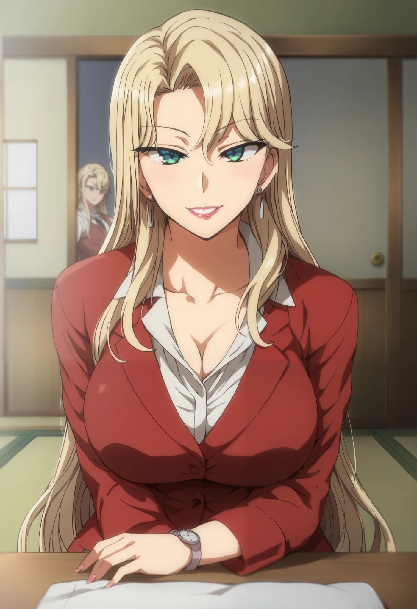 Uncensored_work, very_Midea, Highest_quality ,expensive_resolution, 8k,crisp quality, Super Detail,anime screen cap
,perfection_eye, erotic_style,Japanese-style room,Wooden desk,tatami,Sliding doors,
1 Female,Alone,takes a picture of the whole body,Straight ahead, cowboy shooting, Watch Viewers,smile,red suits,shirt,skirt, 床に座る,
Kurashiki Reika, blonde_hair, lipstick, green_eye, huge_chest, length_hair,