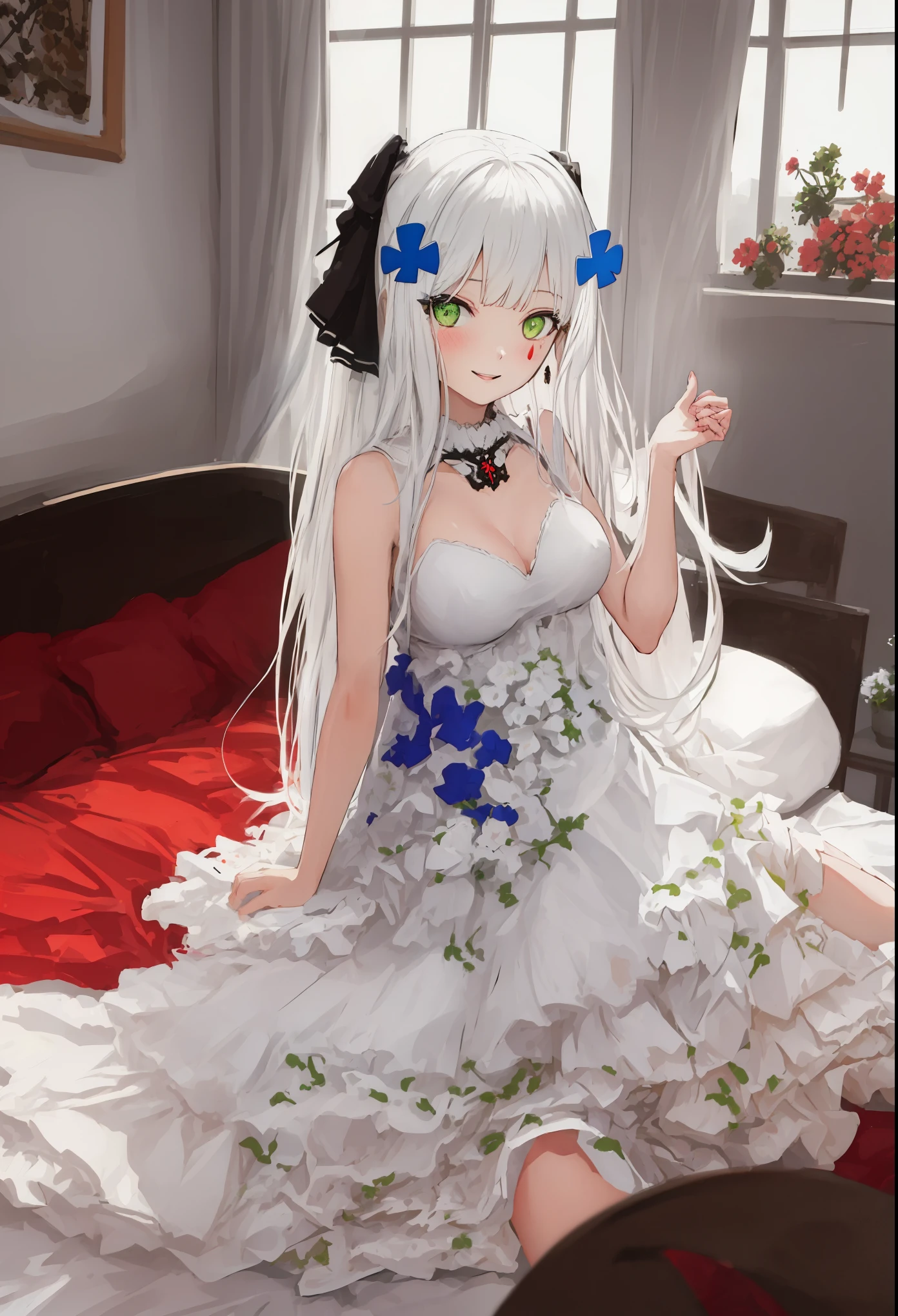 best quality, High Resolution, Unique, 416_girlsfrontline, white hair,1 girl, full body, white background, White silk dress, light green eyes , big breast , Looking up at the camera, Great light, Precise, German Tilt Lens, indoor, bed room, best quality, Red teardrop pattern on the left cheek, blushing, Smile, Halftone style,