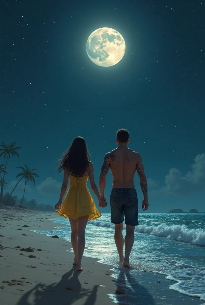 pareja cogidos de la mano sentados en una bonita playa de noche con luna llena.. pintura digital, artstation, arte conceptual, enfoque suave, clear, illustration. ultra realistic. photorealistic --auto --s2