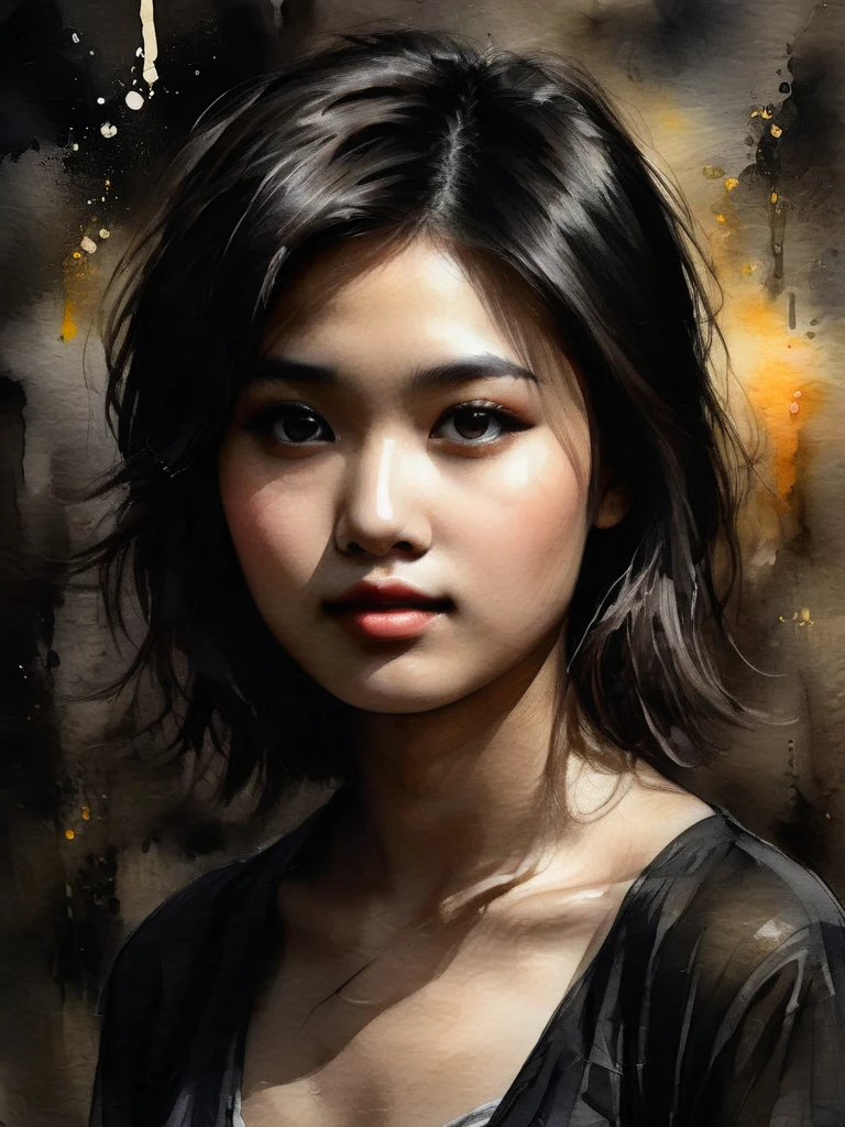 mix media painting, watercolor painting, alcohol ink, charcoal drawing, young korean woman, ((1girl in:1.5)), beauitful face, (lifelike face), smile wth glaring eyes, (A dark-haired, short flowing-hair:1.3), Beautiful hairstyle, Eyes in Beautiful Details,Smiling with a bright expression, perfect centralization, Golden Beams Fantastic Black, alegria, Standing position, beleza abstrata, Centrado, looking at the camera, Facing the camera, Approaching perfection, Dynamic, altamente detalhado, liso, foco nítido, 8k, alta resolução, illustration, arte de Carne Griffiths e Wadim Kashin, asian beauty, feixes dourados, feixes laranja, feixes pastel, Rosto realista, rosto detalhado, cabelo prateado, fundo em movimento, loose background, wet on wet