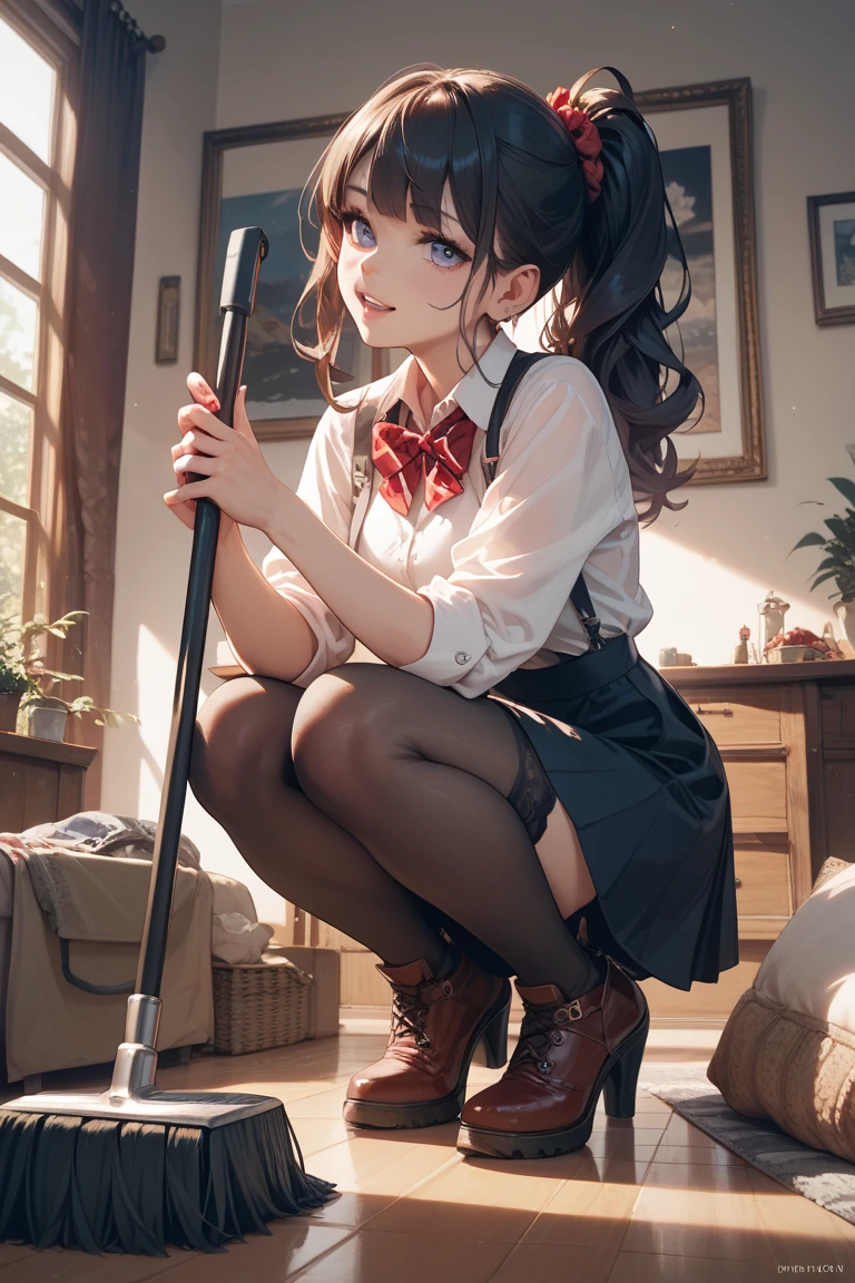 full body, barefoot, masterpiece, a beautiful schoolgirl, long blonde hair, (fantasy library background), erotic photoshoot, bent over a desk, from behind, schoolgirl uniform, shackles on legs, cow bell on choker, happy face, looking to the viewer, big open eyes, blush