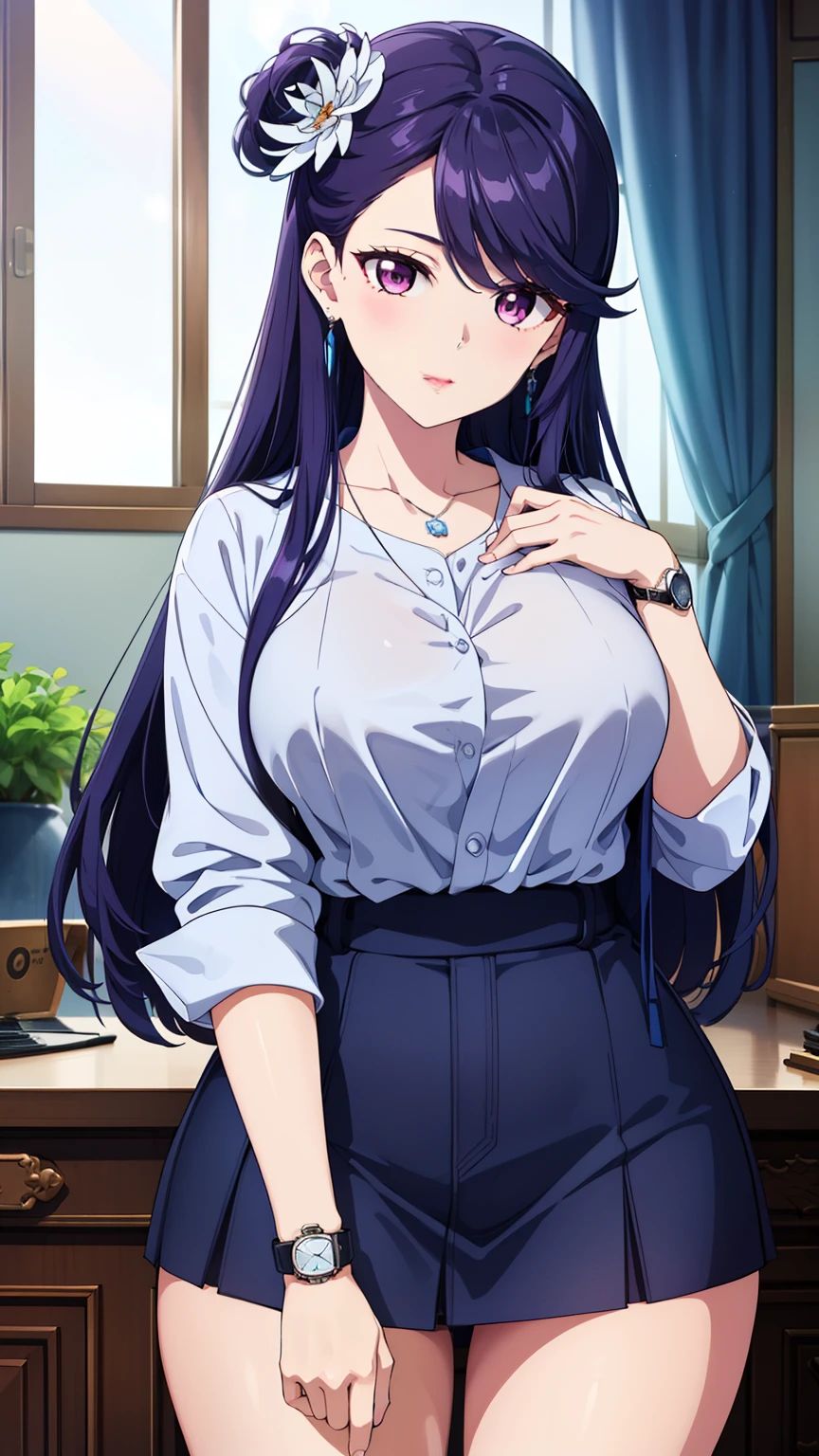 slot 、 1 girl 、 (purple eyes 、 purple hair ) 、 ((bungs 、 long hair per person、Elaborate hairstyle)) (前開きshirt 、 shirt 、 necklace 、 miniskirt 、 cover 、 room) 、 (Nipples See-through Clothes:0.7 ) 、 26 years old 、 young woman 、 beautiful long legs 、 beautiful body 、 Beautiful Nose 、 Beautiful Character Designs 、 Completely 、 Close 、 Expressive Eyes、Perfect Balance 、 watches the audience 、 (Focus on Her Face) 、 (Innocent Big Eyes: 1.0 ) 、 anime art style 、 Dynamic Angles 、 Official Art 、 Very Detailed CG Unity 8k の壁紙 、 perfect lighting 、 colorful 、 Bright front lighting 、 white skin 、 (masterpiece:1.0 ) 、 ( best quality:1.0 ) 、 超 high resolution 、 4K 、 Very Detailed 、 pictures 、 8k 、 high resolution 、 high resolution 、 (absurd: 1.2 ) 、 Kodak portrait 400 、 film grain 、 lens flare 、 (bright colors:1.2 ) 、 プロ のpictures 、 (Beautiful big : 1.4 ) 、 (beautiful face:1 . 5) 、 ( Narrow Waist ) 、