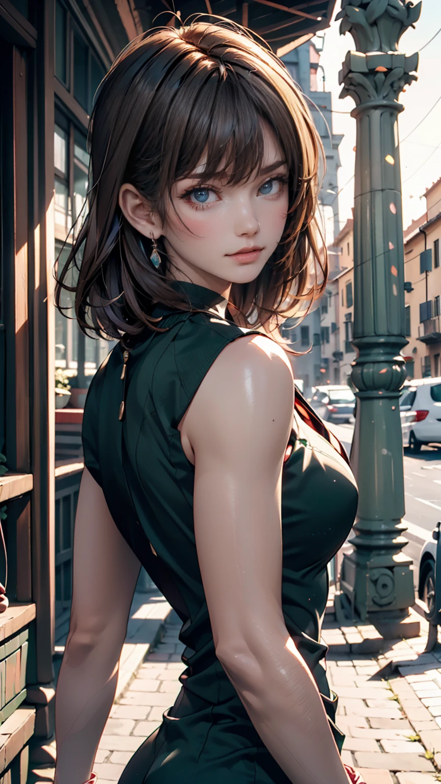 (masterpiece, best quality, ultra detailed, absurdres)1.5, 1girl, (sexy, beautiful woman, perfect face, perfect eyes, perfect female body, huge breasts)1.5, (nobara kugisaki, bob cut, brown hair, lips, short hair, lakers, (standing, empty street, Japanese street, Japanese city in background, cloudy), perfect lighting, smooth, hdr