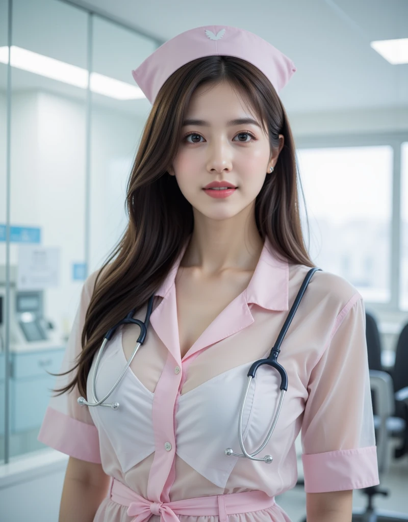 Japan nurse girl, Wearing a pink uniform, Name: Shoko Nishinomiya, Posing in a photo, Show her professional skills with a stethoscope. nurse girl、Has a friendly and caring appearance. She has beautiful detailed eyes, Beautiful detailed lips, and long eyelashes. Her hair is neatly tied. The uniform she wears has a clean and professional look, With a badge showing her name and job title. Nurse girl is in the hospital, Surrounded by medical equipment and instruments. Lighting is soft and warm, creating a cozy atmosphere. The colors in the image are vivid and vivid, Emphasizes the pink color of her uniform. Overall image quality is of the highest quality, Ultra-detailed and realistic rendering. the prompt contains the following tags: nurse girl, Japanese Models, An Asian girl, Yasumoto Oka, Listening with a stethoscope, breastfeeding, Asian Woman, Nami Kakiu, Aoi Ogata, Asian Woman, History.cleavage of the breast