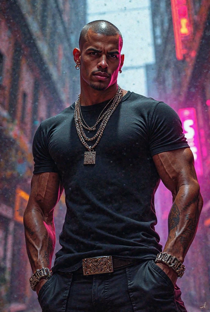 Handsome strong muscular tall man wearing a black sleeveless shirt with mariachi decorations, black huaraches, black bermuda shorts decorated with golden roses, sunglasses on his head, skull earring and hair combed back