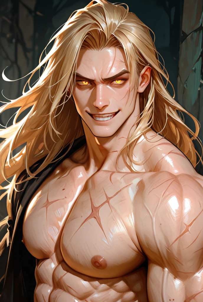 Male, long blonde hair, water green eyes, dynamic pose, solo, 32k,Super-Resolution,Full-HD,1080p,Fullscreen,Wallpaper,Generated by Midjourney, punk clothes,Full Moon, GameMaker, movie camera, war scene,Horror Anime,Horror Anime, 1080p, alone, bangs in hair, muscular body, Anime man, male face, smile with closed lips., Full moon, 4D Cinema, Perspective from point of view,  film camera, mysterious scene --chaos 58 --seed 3184 --no 0 --h 1333 --quality 100 --w 1222 --air 1222x256 --uplight --hd, long clothes, scenery of a forest