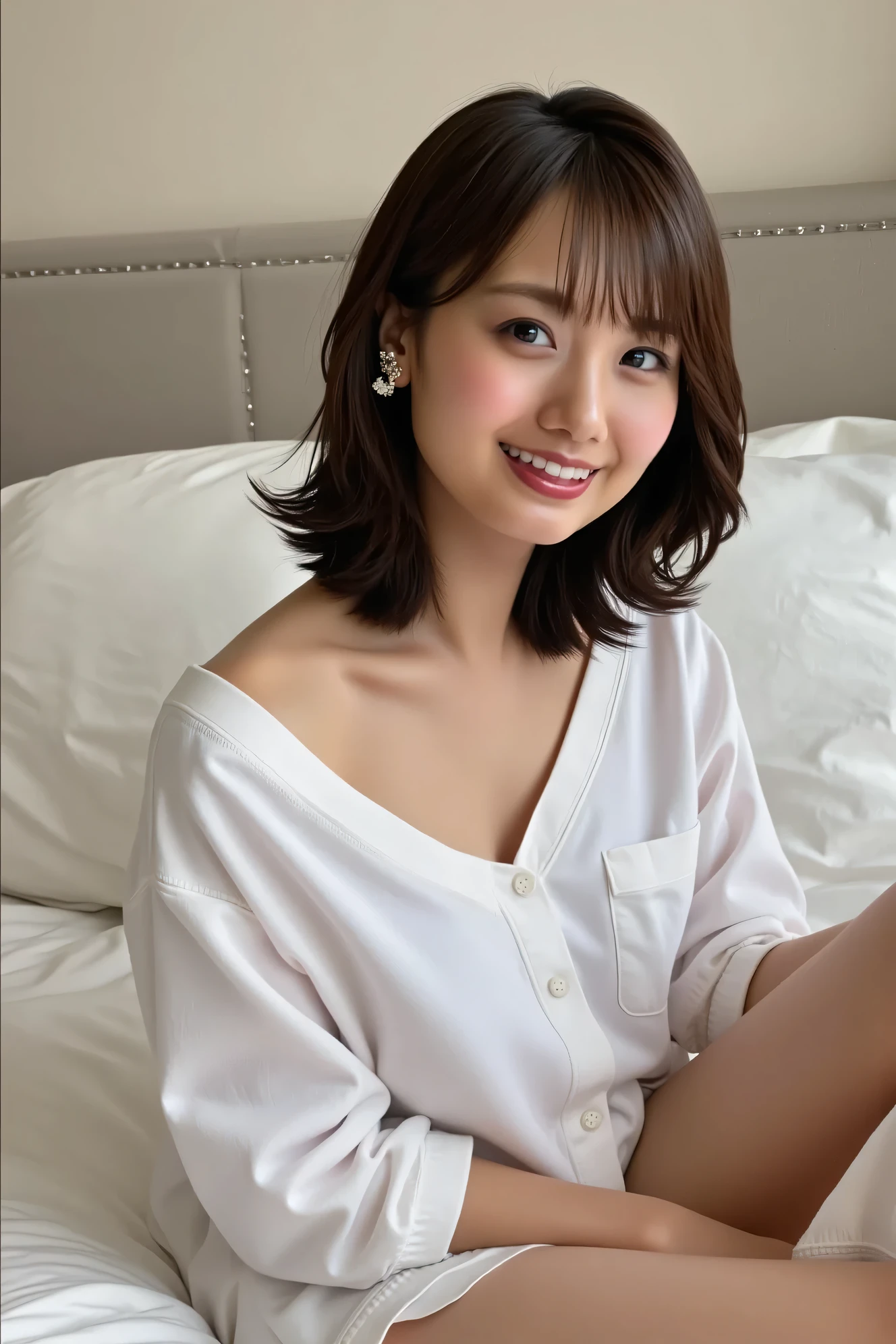 ((( High resolution,top quality, super detailed, Masterpiece , very detailed photo , realistic , real person , Ultra detailed skin))) , In the dressing room ,(from front), full body, medium shot, looking at viewer , (cool face) , (sitting on the bed) , (low angle) , black hair, medium hair, medium breasts, cleavage , (( white shirt , no lingerie , take off the shirt )) , { NSFW }