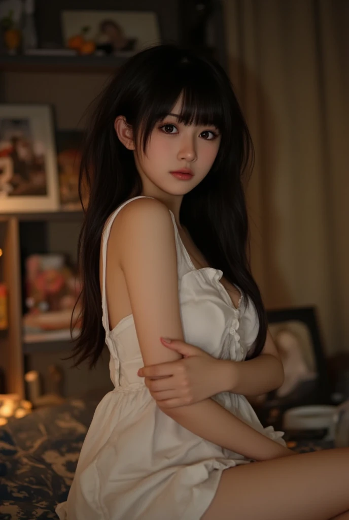 muste piece, best quality, illustration, Super detailed, fine details, High resolution, 8K,wall paper, perfect dynamic composition,(Details High quality, realistic depiction of eyes:1.3), Oversized white Maxi dress, straight hair, black hair color, Big Natural Color Lip, perfect body shape, crying a little、cold gaze, Harajuku style、20 year old girl、cute type、lolita、beautiful legs, hotel room, Gravure Idol, Voluptuous thighs, (woman on top, straddling, sitting)