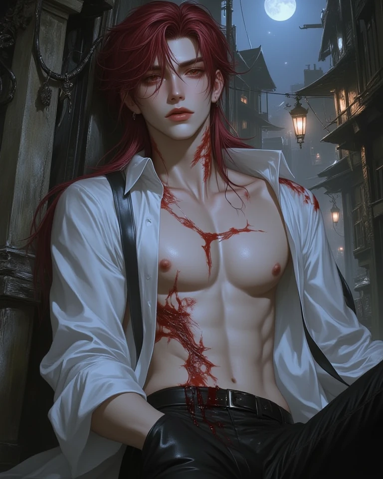 (masterpiece, best quality, high quality), ung man, ((not impressed)), looking at the viewer, red hair, (long hair), wet skin, yellow eyes, no shirt, black and red clothes, blood, sinister background