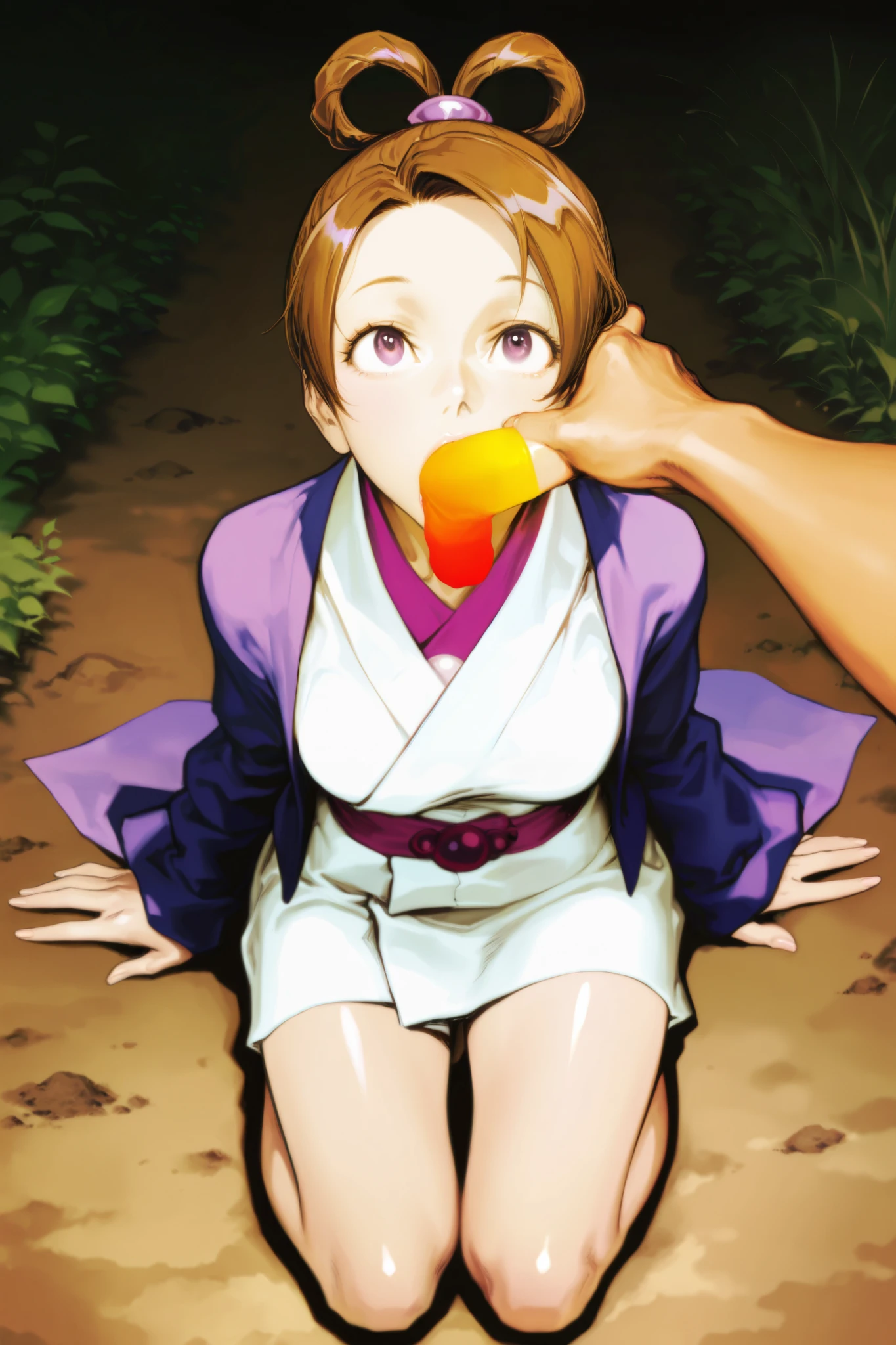HDR, 8K, high contrast, masterpiece, best quality, amazing quality, very aesthetic, anime artstyle, realistic, newest, Kinu Nishimura
BREAK
POV, 1girl, 1boy, hetero, Pearl Fey. Kneeling. Giving a blowjob. Looking up at viewer. Cool color temperature, dirt floor, garden background