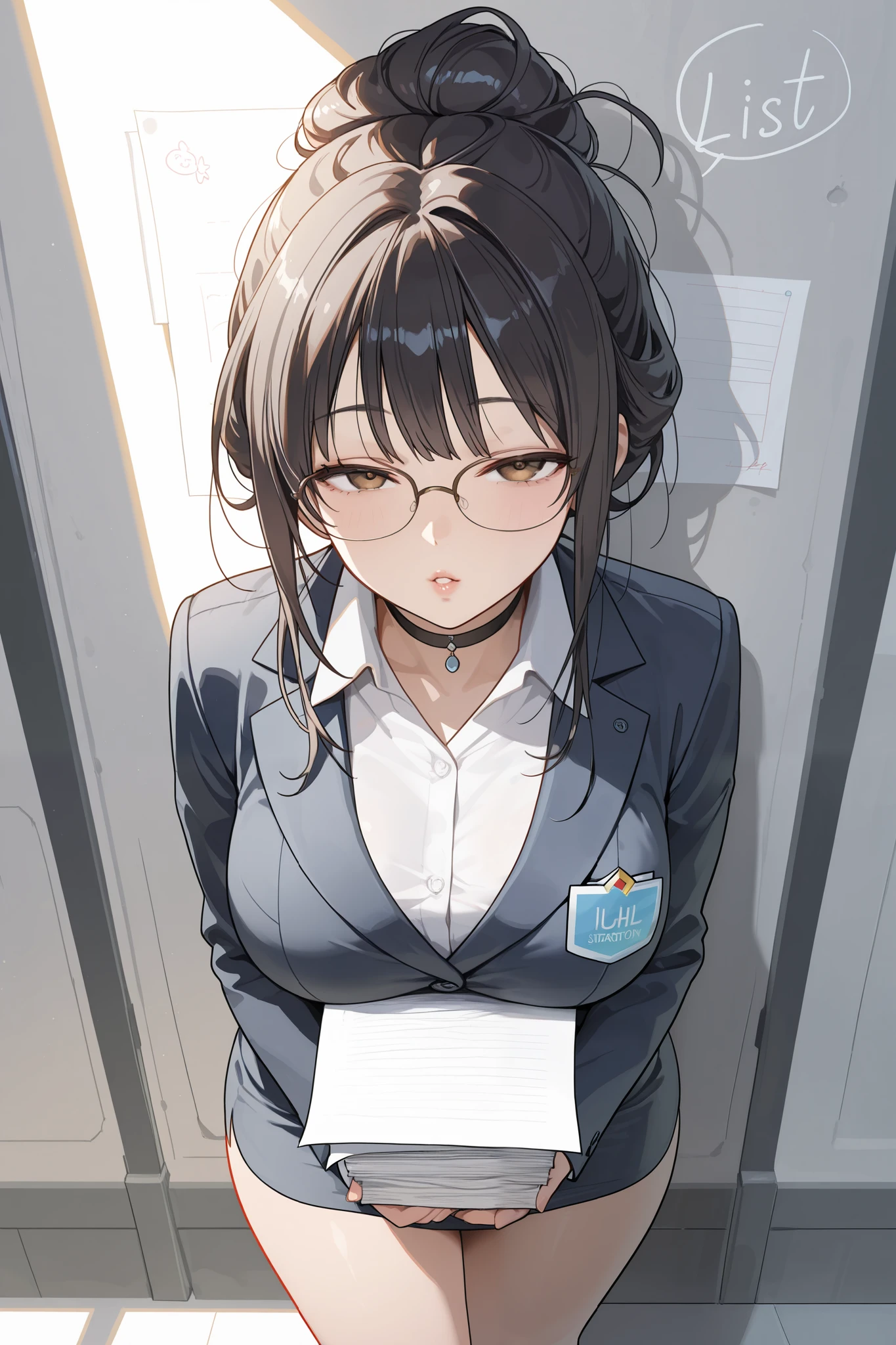 (1girl:1.3), Masterpiece, Best quality, amazing beauty, 4K, absurdres, finely detail, super detailed eye, perfect anatomy, official art, cinematic lighting, BREAK, living, sandy beach, half updo, black hair, super shiny detailed brown eyes, Looking at Viewer(camera), glasses, embarrassed, BREAK , big breasts, shoot from below, BREAK , (school uniform:1.2), BREAK,()