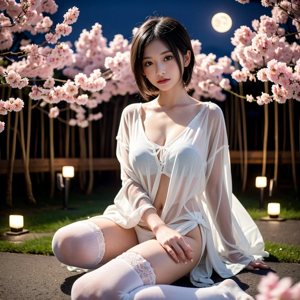 a beautiful woman wearing a sheer top, g-string panties, knee high socks, big breasts, full body. sexy pose. detailed face and eyes, japanese bedroom in tea garden, show full moon outside, photorealistic