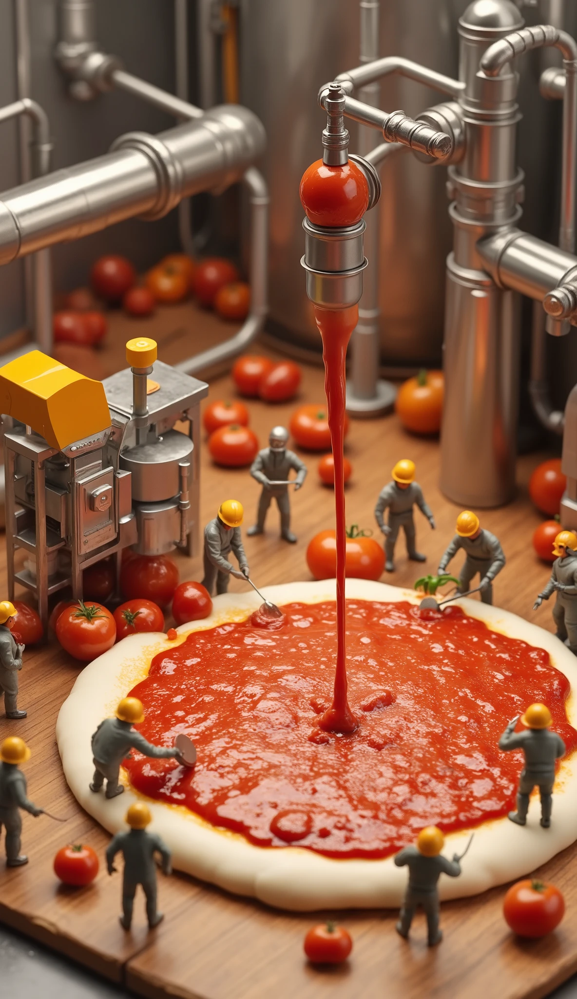 A miniature-scale food factory, intricate stainless steel pipelines crisscrossing the scene. At center, a massive white dough base completely covered in bright red tomato sauce, topped with a sauce-dispensing machine connected to overhead pipes actively operating. Tiny workers in yellow hard hats: some flattening dough with tools, one directing operations, another tasting with a spoon. Scattered tomatoes of varied sizes around the dough, industrial machinery in background. Ultra-detailed 3D render, isometric perspective, bright industrial lighting, striking contrast between tomato red and metallic tones, pristine futuristic atmosphere.