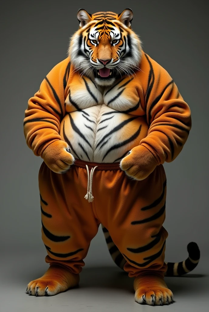 fat human man wearing a tiger-patterned cape, white bracelets on both arms. His mask is that of a tiger with yellow fur and sharp teeth.. He wears tight blue leggings with black markings., black boxers and a pair of black boots