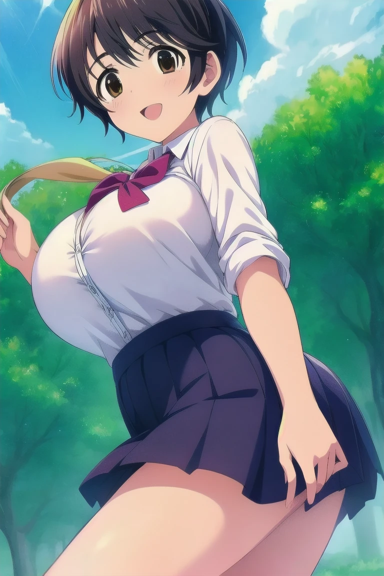 (Highest quality, masterpiece, Ultra-high resolution, (Photorealistic:1.4), RAW Photos),One girl,chool uniform,(wet:1.1), short sleeve, water drops,skirt lift,show off hip,no panties,no bra,(Very short black hair, Amazingly cute face, Very beautiful big black eyes)), Very lean body, Very flat and beautiful Massive Breasts and a beautiful ass,blush,Showcasing cleavage, legs, stretch legs, hip,(Booty pose), View Viewer, Detailed face, Fine grain, Detailed Hair, Detailed body, Thigh details,