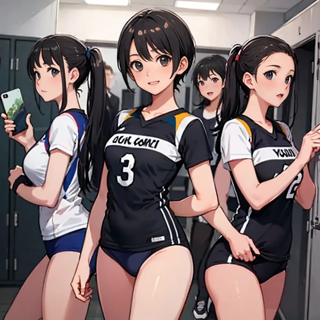 (masterpiece, best quality, high quality, ultra detailed, extremely detailed, ultra high res, best aesthetic, 8k),
(4girls:1.5), (group of 4), ((volleyball player take off volleyball ware)), (show off panties), (various colors panties:1.2), (glamorous), large breasts, high detailed face, cute face, 17 years old, thoughtful glance, (two legs), smile, (whore), (nose blush), sweat, steam,
BREAK,
various hairstyles, beautiful eyes, beautiful ass, (looking away), (cowboy shot),
BREAK,
(sleeveless volleyball ware),
BREAK,
(indoors), changing clothes room, (locker room),