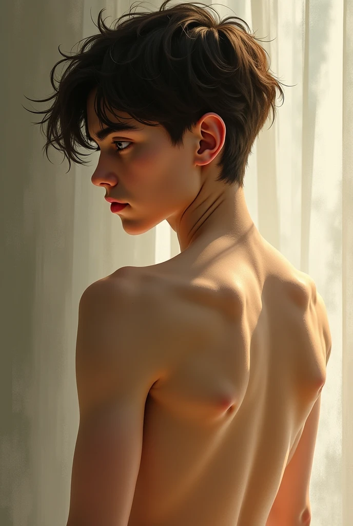 Slim Japanese high school boy in his room naked