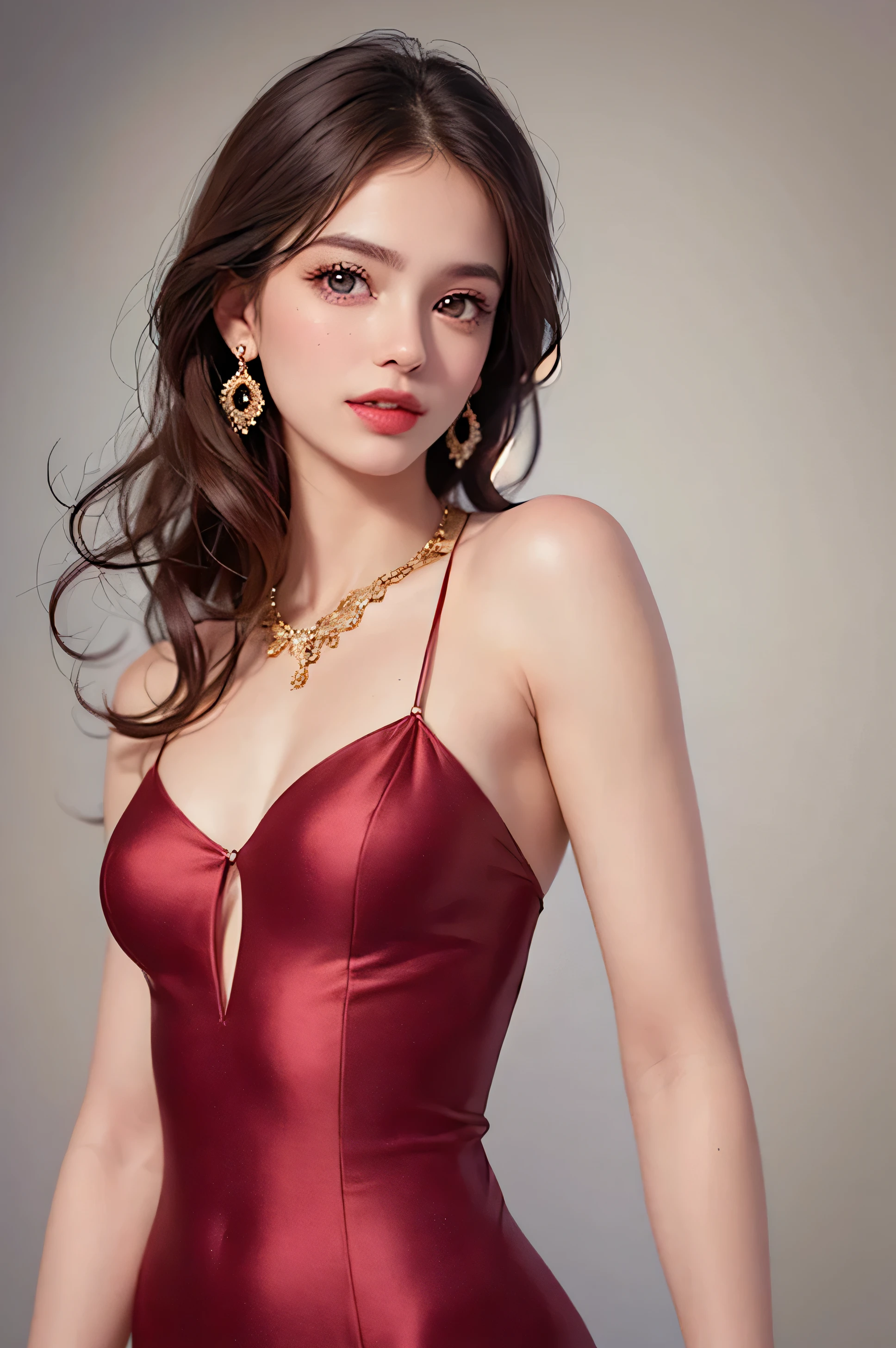 (extra detailed body、extra detailed face、best qualtiy:1.2)、femele、looking at the viewers、(Red Nightdress、mini、Earrings up to the shoulders、Gorgeous Necklaces)、(Night view in the background:1.4)
