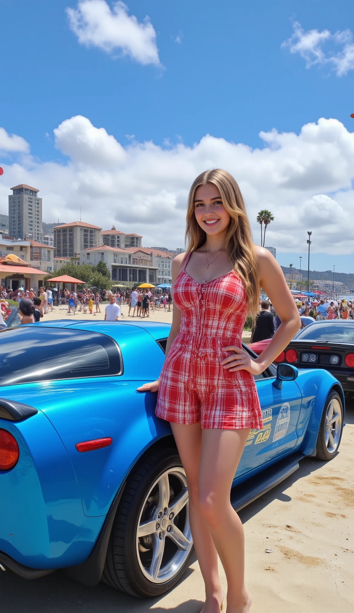 high resolutionの画像、 high resolution,Create in the same style ,( Lifeguard Girl's Blue Corvette ) She's near the beach。Clear blue sky。,She's near a San Diego beach。A lot of people are at the beach, She is going to get in the car soon , Her car is a blue Corvette, She's wearing a red and white plaid dress。 look at the camera in front of the car with a smile 。