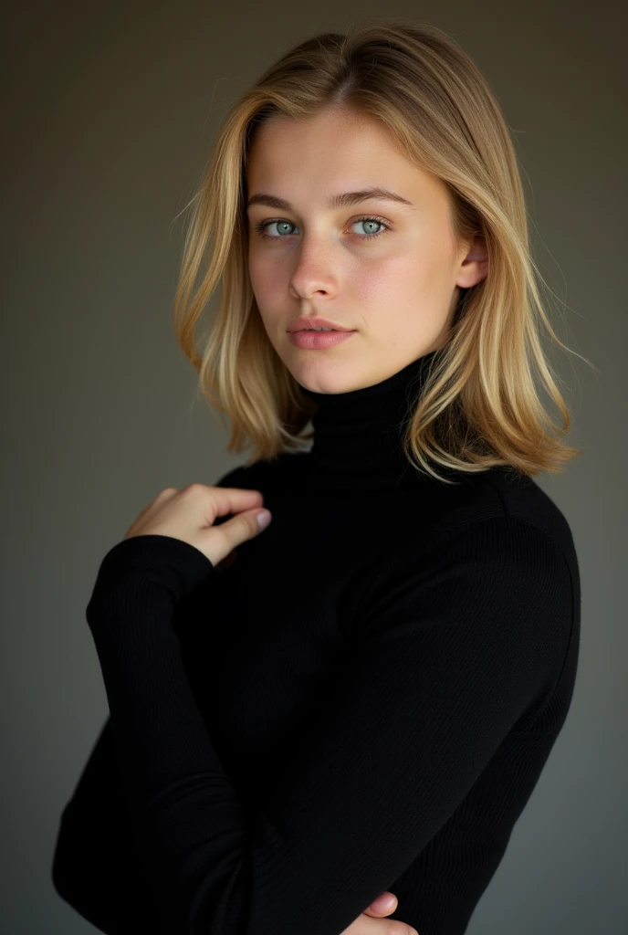 A portrait of ellker in a cozy, dimly lit room, wearing a black turtleneck sweater with fine ribbing texture, the fabric stretching softly over her form. The lighting casts gentle shadows, emphasizing the contours of her face and the smooth texture of the sweater, while she exudes an air of sophistication and warmth.  <lora:ella-kernkamp:1>