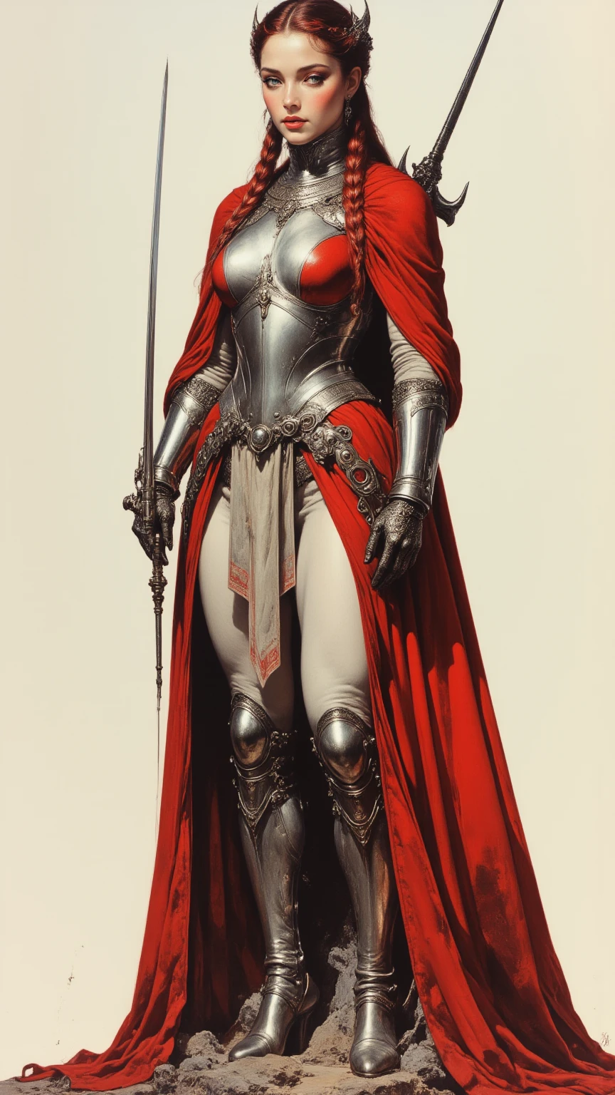 Character: Gender: Female Age: (combines "veteran warrior" and "milf")y type: Strong and athletic Skin: Very purple Hair: (details missing from prompt, can be added later) Attire: Armor: Full body, heavy armor (preferably red accents) Clothing: Red cape Adventurer's outfit (suggests practicality and readiness for exploration) Brown leather boots Pose: Full body standing Straight posture Symmetrical (implies a confident and imposing stance) Additional Notes: Avoid overly sexualized ("bimbo") Consideracing "milf" with a descripthat emphasizes experience, like "seasoned warrior" Optional details you can add: Hair color and style (e.g., long flowing braid, short and practical) Specific details about the armor (e.g., decorated breastplate, ornate helmeial expression (e.g., determined, stoic)