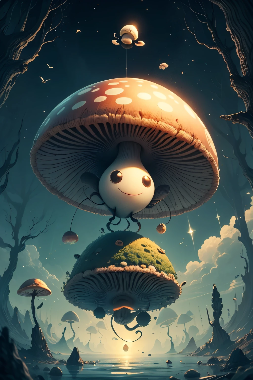 One round little mushroom monster floats in the air. It is in the shape of a person, smiling with eyes and nose on its stem. I look up at the mushroom from directly below.
