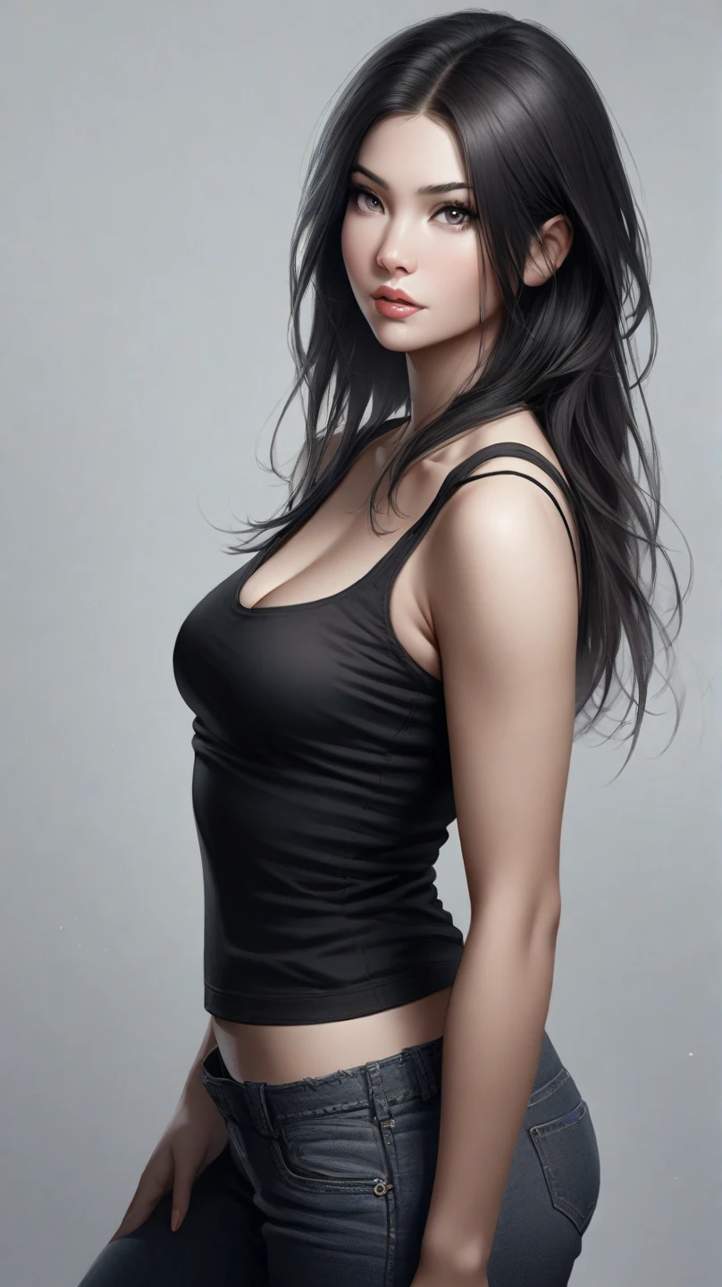 a woman named meg has sharp angular cheekbones, full lips, and a slightly upturned nose. Her eyes are brown large and almond-shaped with a prominent crease, she has dark brown hair styled in loose waves, framing her face and reaching down to her shoulders,((suggestively pose)),full body, captivating, open short shirt, no bra, exposed , freckles, hyperdetailed photorealistic, spot lighting, photorealism, rim light (high contrast), Sharp focus