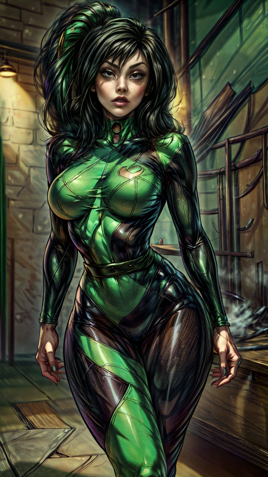 sh1, ((long black hair, glowing green eyes, lipstick, eyeliner, makeup, narrow waist, skinny, medium breasts, alone)), pelvic curtain, ((gloves, multicolored bodysuit)), full body, perfect body, (insanely detailed, beautiful detailed face, masterpiece, best quality) , (((solo))), (((1girl))), (((mature))), (extremely detailed 8k paper CG wall unit: 1.1), (street, city, dusk), (serious face for the viewer), cameltoe view, from below, Arms crossed