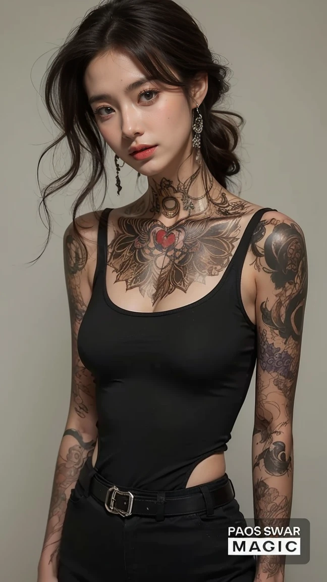 Photorealistic, high resolution, Soft light,1womanl, Solo, Hips up, (Detailed face),tattoo, jewelry, t-shirt with rough chest, Beautiful soldiers, Grab the audience's eye, Lover's perspective, Invitation expression, Sexy smile, Perfect style, Perfect balance, Detailed skin, mischievous gaze, chest visible
