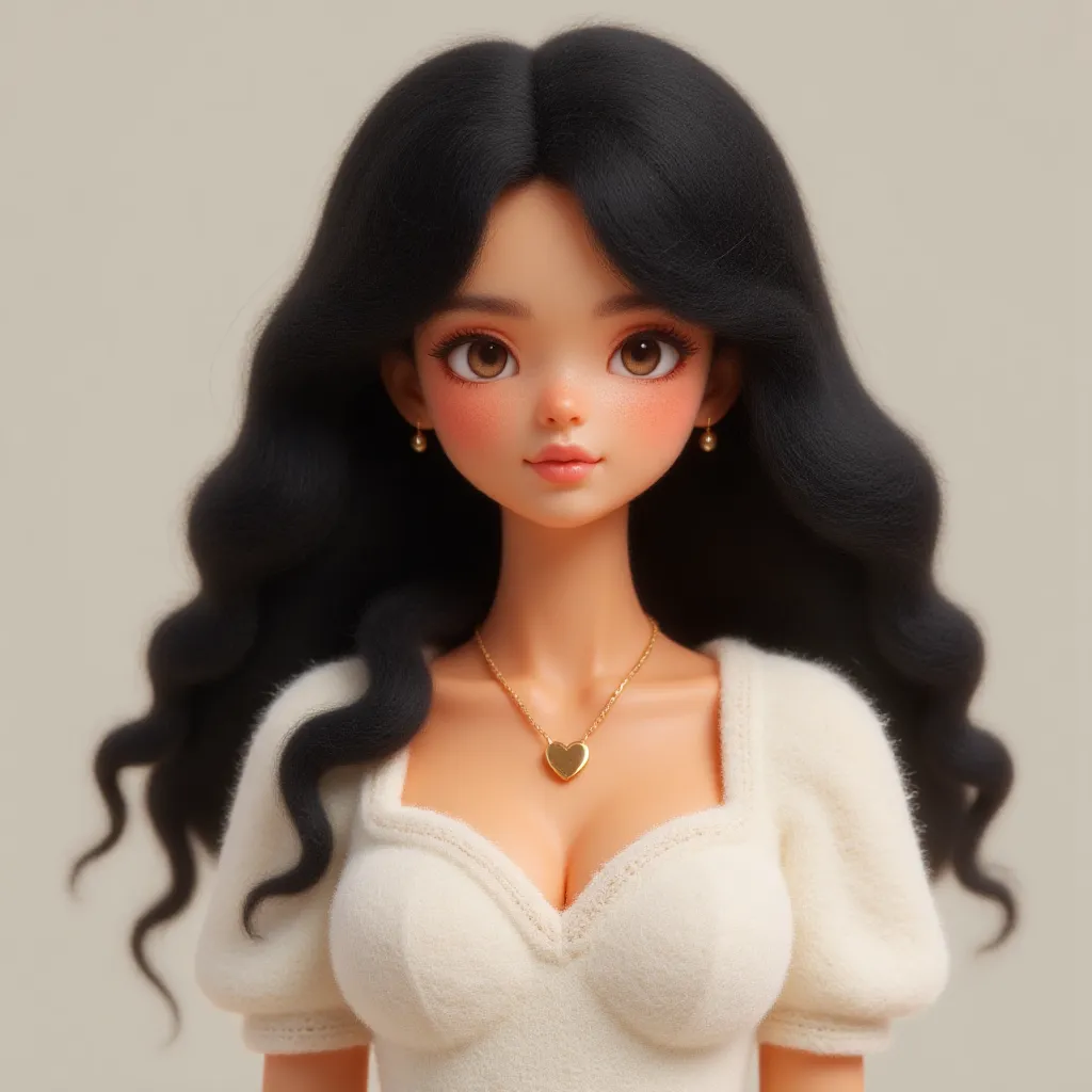 Create a realistic CG image of a young woman with long black hair, styled in soft waves, and wearing a light, sleeveless dress. The woman has delicate, doll-like features with large expressive eyes and a soft blush on her cheeks. She is standing in front of a wall covered with various posters and newspapers, some of which feature images of herself in different poses and outfits. The scene has a slightly surreal atmosphere, blending a sense of modern urban life with a touch of fantasy. The image
