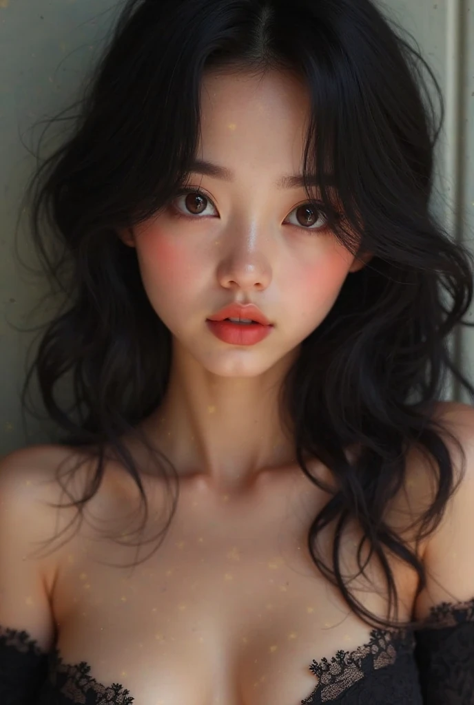 1 girl, Asian, 15year old, wide slanted eyes, eyes black, seductive and striking look, big black hair, hourglass body, very big breasts, spots on your cheek, Your mouth, on your chin near your mouth, and in your nose, very thin waist, flat belly, full, pink mouth, sensuous, a black and colorful blouse, black denim skirt, short and tight, extravagant eyes, with clear and smooth skin, big, curved eyelashes, small and slightly round nose, straight posture, unique beauty, fox eyes, straight eyebrows, PICTURE REALISTIC, 8 k quality