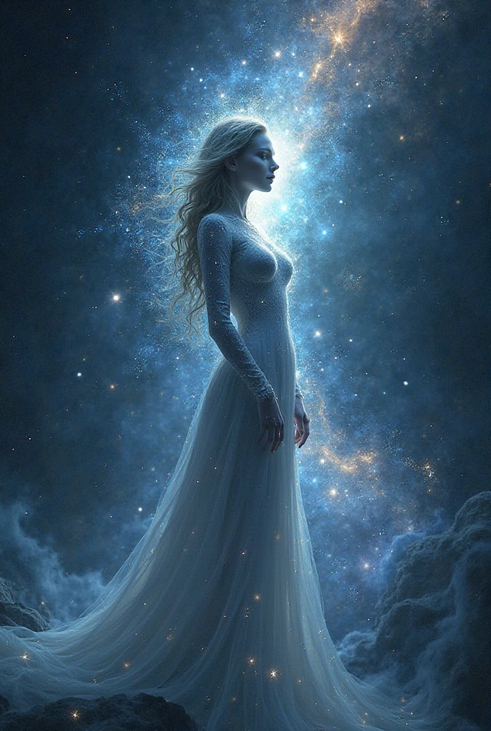 Create an image of a book cover called Eternal Interlacements, where the image expresses love, quantum physics, The universe, life, the infinity of probable events, intelligence and science., add that the writer's name is: Isaac Vilchez.chest bigger. massive breasts. exajurated breastes