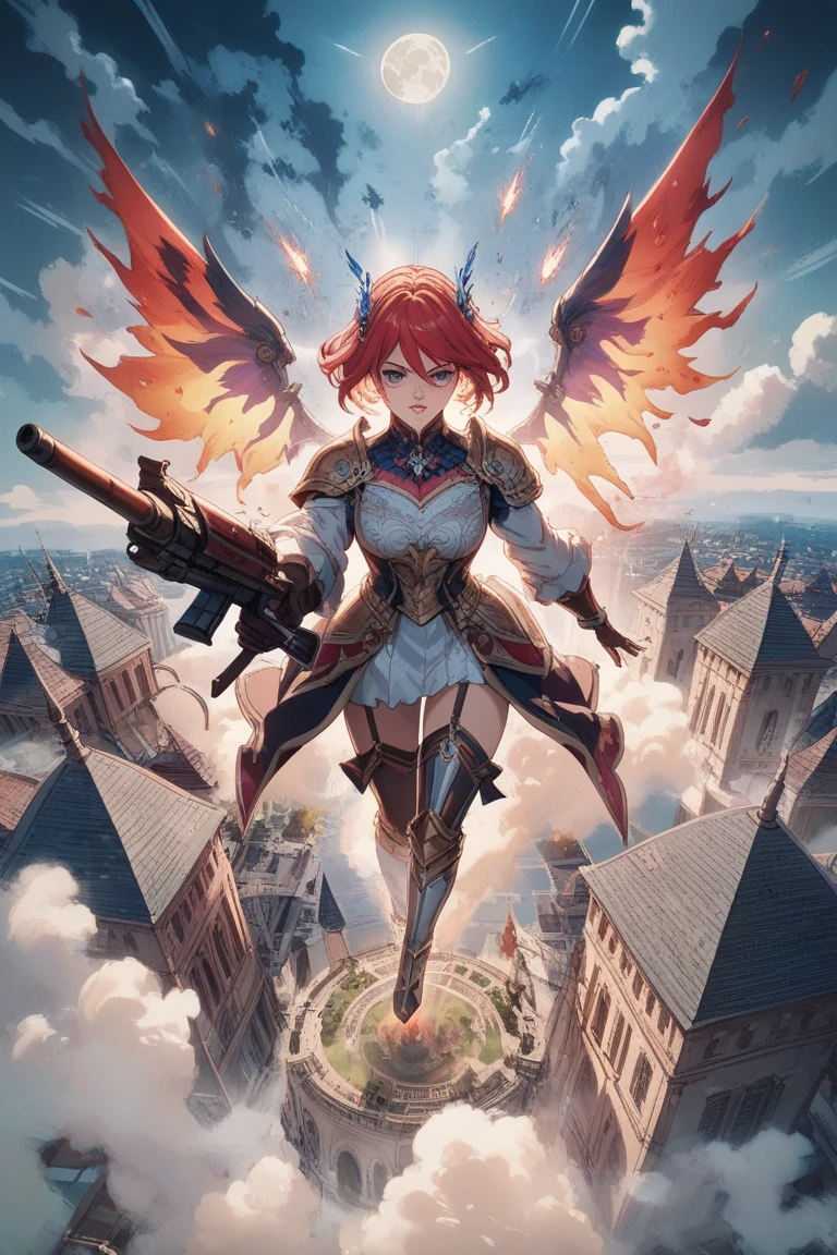((masterpiece), best quality, high quality, professional quality, highly detailed, highres, perfect lighting, natural lighting), phoenix, bursting into flames, taking flight from boulder