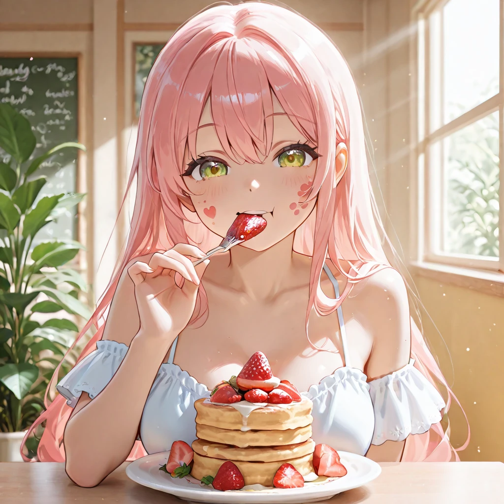 Best Quality,High resolution,8k,(plain white background, no patterns, no textures, just a plain white background:1.3),Masterpiece:1.2),beautiful girl,(Shiny pink hair),messy hair,Beautiful pink eyes,From the viewer's perspective, a seductive woman leans in close, (holding a fork with a piece of cake just inches from your lips:1.3), her eyes locked on yours with a playful yet intense gaze. She’s dressed in a sleek, form-fitting outfit that accentuates her curves, and the warm atmosphere of the room, filled with balloons and streamers, enhances the celebratory mood,Gentle look,A refreshing look,smile,Best quality,Best Quality,Aesthetic and aesthetic:1.2,Best details((Super detailed))(High-definition CG illustrations),Slender body,smile,blush,Mature look,cute,Scrounge,Looking up,Being spoiled,super model