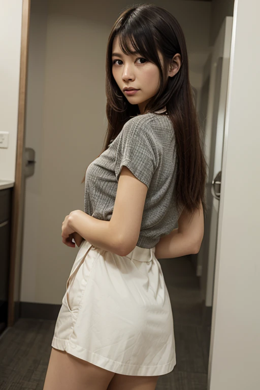 [((young attractive Asian woman:1.5)), ((Sophie Tan:1.4)), standing in a school corridor, with her back to the camera. She is wearing ((a short plaid  skirt that has blown up, exposing her buttocks:1.2)), paired with a tight white blouse and knee-high socks. Her hair is styled in pigtails, and she has a seductive, intense gaze over her shoulder. The background features lockers, classroom doors, and a bulletin board. The scene is captured with a ((full-frame DSLR:1.2)) using a ((35mm prime lens:1.2)) to keep the woman in sharp focus while the background is slightly blurred. Post-production enhances the natural colors and adds a ((soft bokeh effect:1.1)) to the background. The image should be in ((8K resolution:1.1)) with ((hyper-realistic detail:1.3)). The backdrop highlights the school corridor with detailed textures of lockers and bulletin boards. The focus is on the woman's blown-up skirt exposing her buttocks, capturing a seductive and intense vibe. Natural daylight from the corridor windows is used with slight enhancements to create a bright and inviting atmosphere, with a ((soft bokeh effect:1.1)) on the background, enhanced vibrancy, and high contrast to make the scene pop. She is standing with one hand on her skirt, looking seductively over her shoulder, exuding confidence and allure, embodying  chic.]