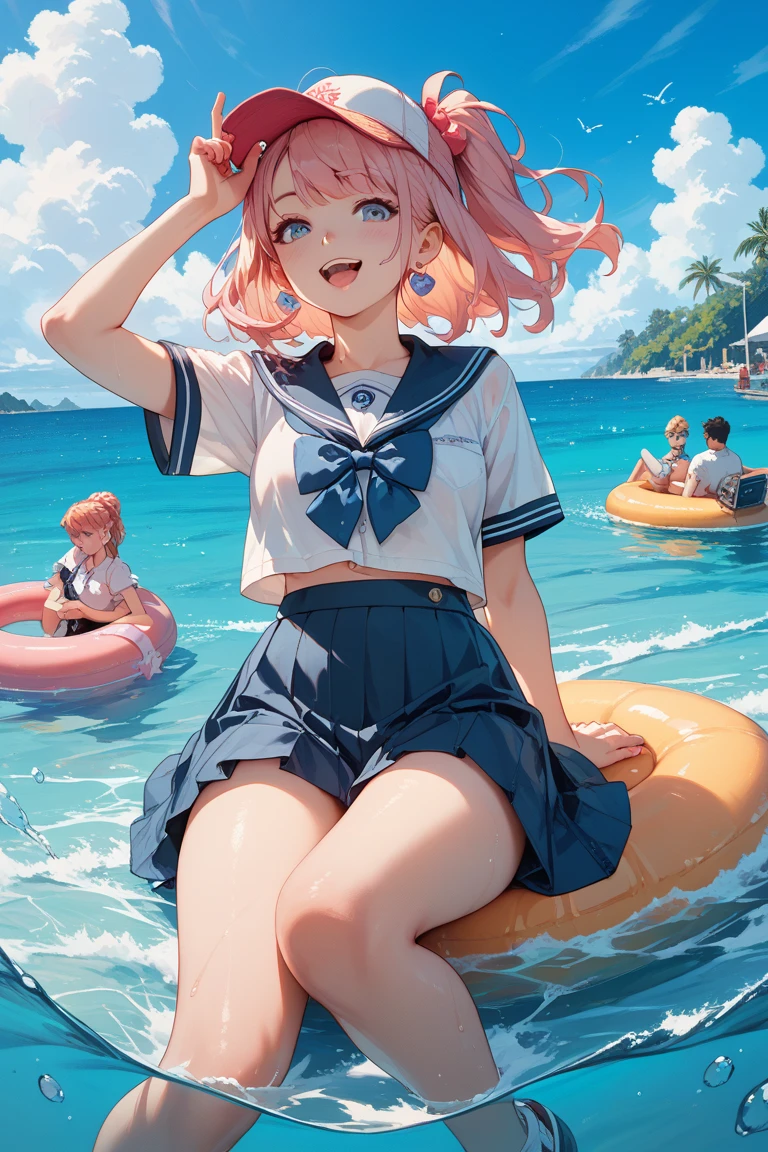 day,in summer,on the beach,landscape,artbook,colorful,adorable girl,kawaii,loli,trap,cute face,light blush,aqua eyes,pink eyes,looking at viewer,heart-shaped pupils,seductive smile,naughty_face,hair_bow,hair bow,asymmetrical bangs,side braid,ahoge,crossed bangs,pink hair,medium hairpink eyeshadow,small breasts,serafuku,sailor suite,sailor shirt,shorts under skirt,bare legs,bare foot