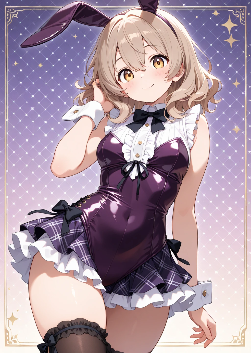 1girl, azuka langley, dakimakura, solo, ass visible through thighs, bikini, black thighhighs, blush, bob cut, breasts, brown background, brown eyes, brown hair, collarbone, cowboy shot, embarrassed, gradient background, groin, holding, holding swim ring, innertube, large breasts, looking at viewer, lowleg, lowleg bikini, micro bikini, narrow waist, navel, nose blush, outline, pink background, plump, purple bikini, short hair, skindentation, sweatdrop, swim ring, swimsuit, thick thighs, thighhighs, thighs,  nsfw