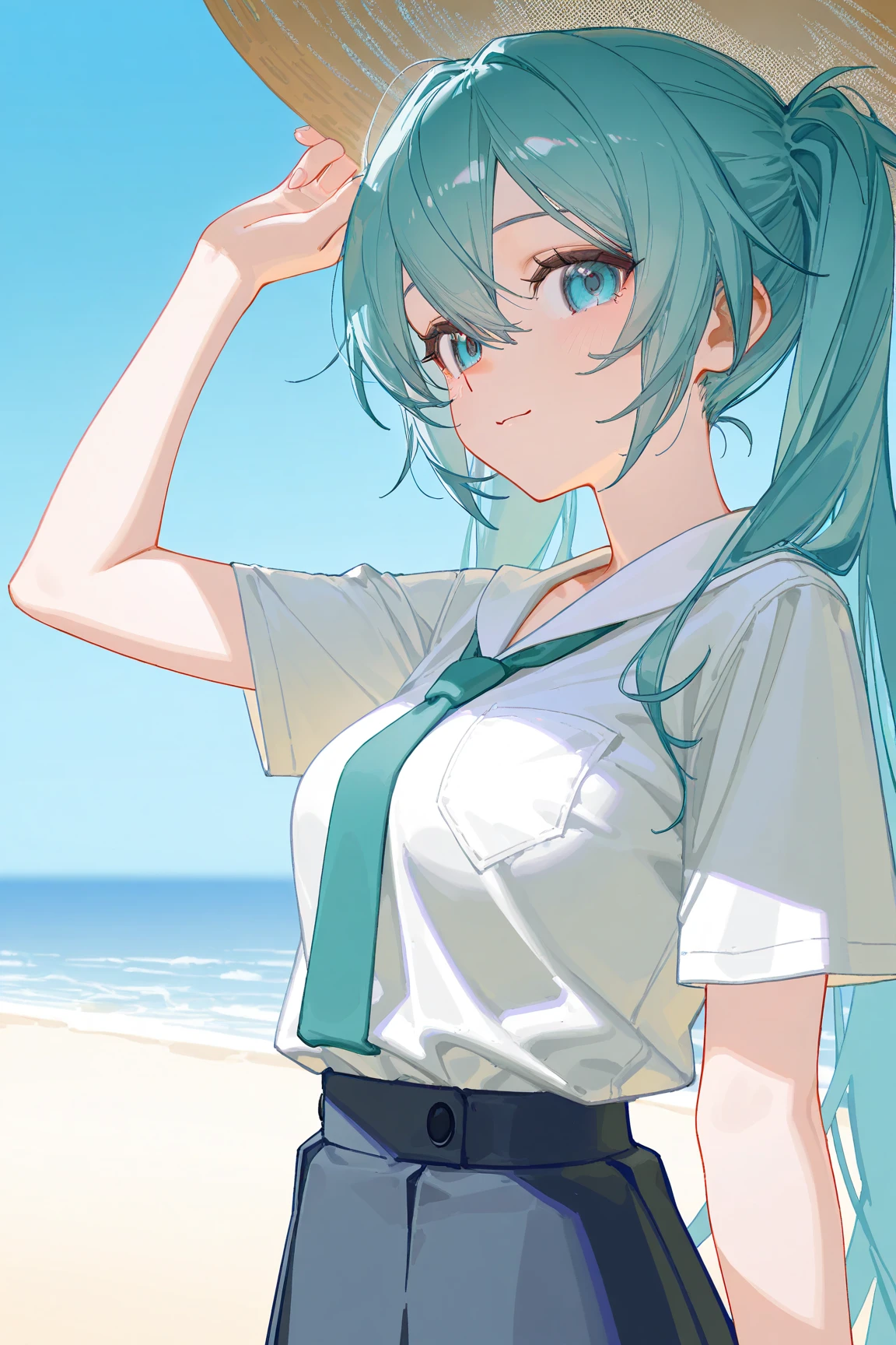 Hatsune Miku in a white dress in the middle of nature with a beautiful blue sky in the background