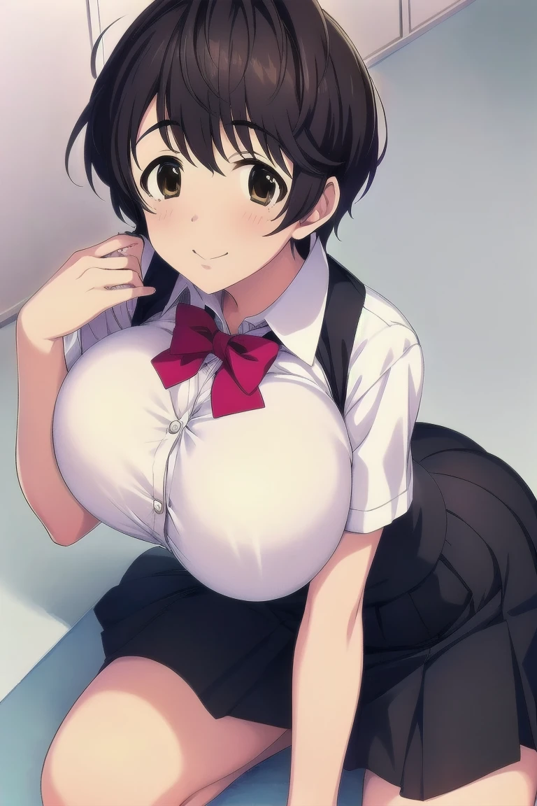 (masterpiece, best quality, less details, vivid colors, anime style, realistic), (bedroom), (girl 1(short brown hair, black eyes, eye shadow, beautiful makeup, school uniform, unbuttoned white shirt, loose black tie, deep cleavage, bare tummy, lifted black skirt, black thigh highs, perfect body, slim and tall, big ass, thick thighs, looking at viewer, open mouth, blush, shocked face, sweaty)), (man sitting on sofa, girl sitting on man's lap, penis inside vagina), (During Sex: 1, Penile Penetration: 1, Cum: 1.5, NSFW: 1, Kamasutra, Hardcore Porn, Passionate Sex, Hentai)