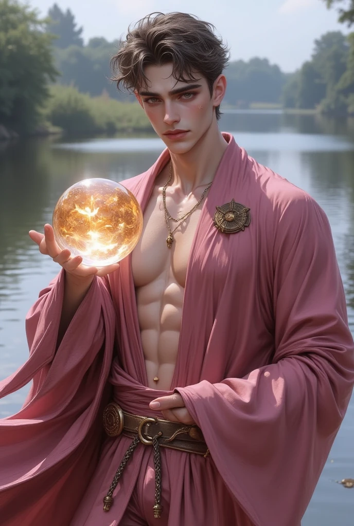 Absurdres, Masterpiece, Excellent, a tall handsome muscular young man, solo, perfect facial features, (short hairstyle:1.5), sexy gaze, beautiful, gorgeous, wet, digital painting, (wizard), slimming, elf, gray pupils, (floating crystal ball), wizard outfit, relax, detailed background, Fantasy, Magical, Mystical, Ethereal, Unique Style, Surreal, Symbolic, magical tattoos, looking at the viewers romantically,
