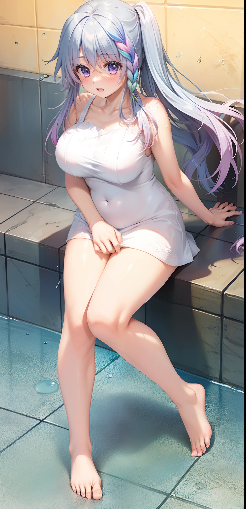 Masterpiece, best quality, , erotic , nsfw, white sexy swimsuit, show full body in water, beautiful legs, show vaginal rupture,,s, beautiful skin, hot naked, long straight purple hair, purple eyes,,in a hot spring, fairy garden on the background