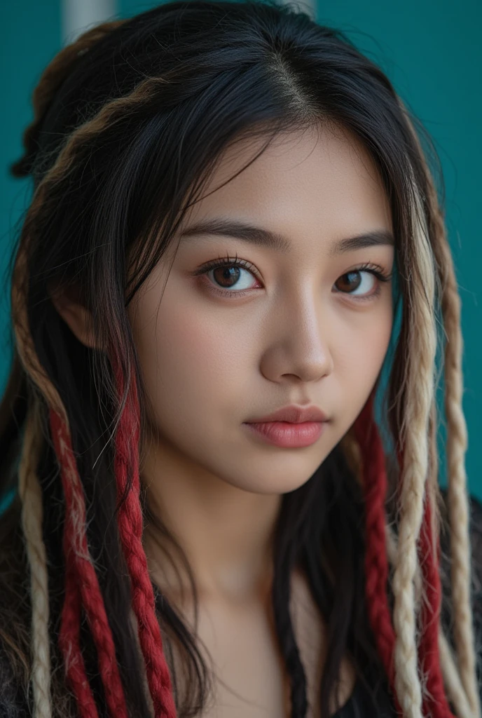 Highest quality, masterpiece, Ultra-high resolution, (Realistic: 1.4), RAW Photos, 1 Girl, Shiny skin, (Ultra-Realistic Details)), Portraiture, Global Illumination, Shadow, Octane Rendering, 8K, Ultra Sharp, big, South Korea details, Very intricate detail, Realistic Light, CGSoation Trend, Purple eyes, Glowing Eyes, To the camera, Neon Details,(Lighting on face:1.5)),((Delicately depicting the face:1.2)),((multicolored hair colors:1.2)),((Dreadlocks:1.4),(((Completely naked))),(((nsfw)))